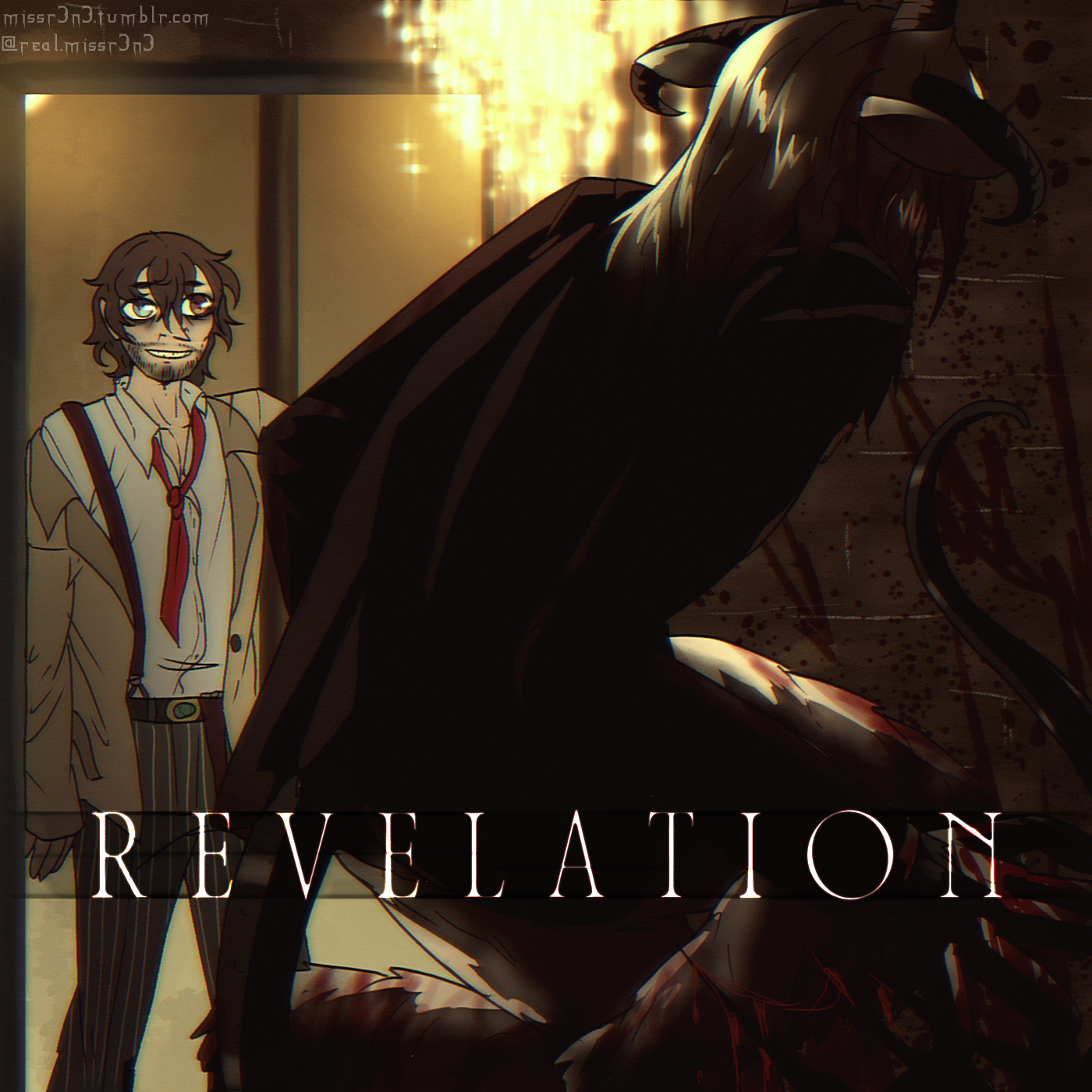 cairyx, using his caleb stone human form, walks in on luce within an art deco office. luce is covered in blood, as are the brick walls around him. cairyx looks mildly amused